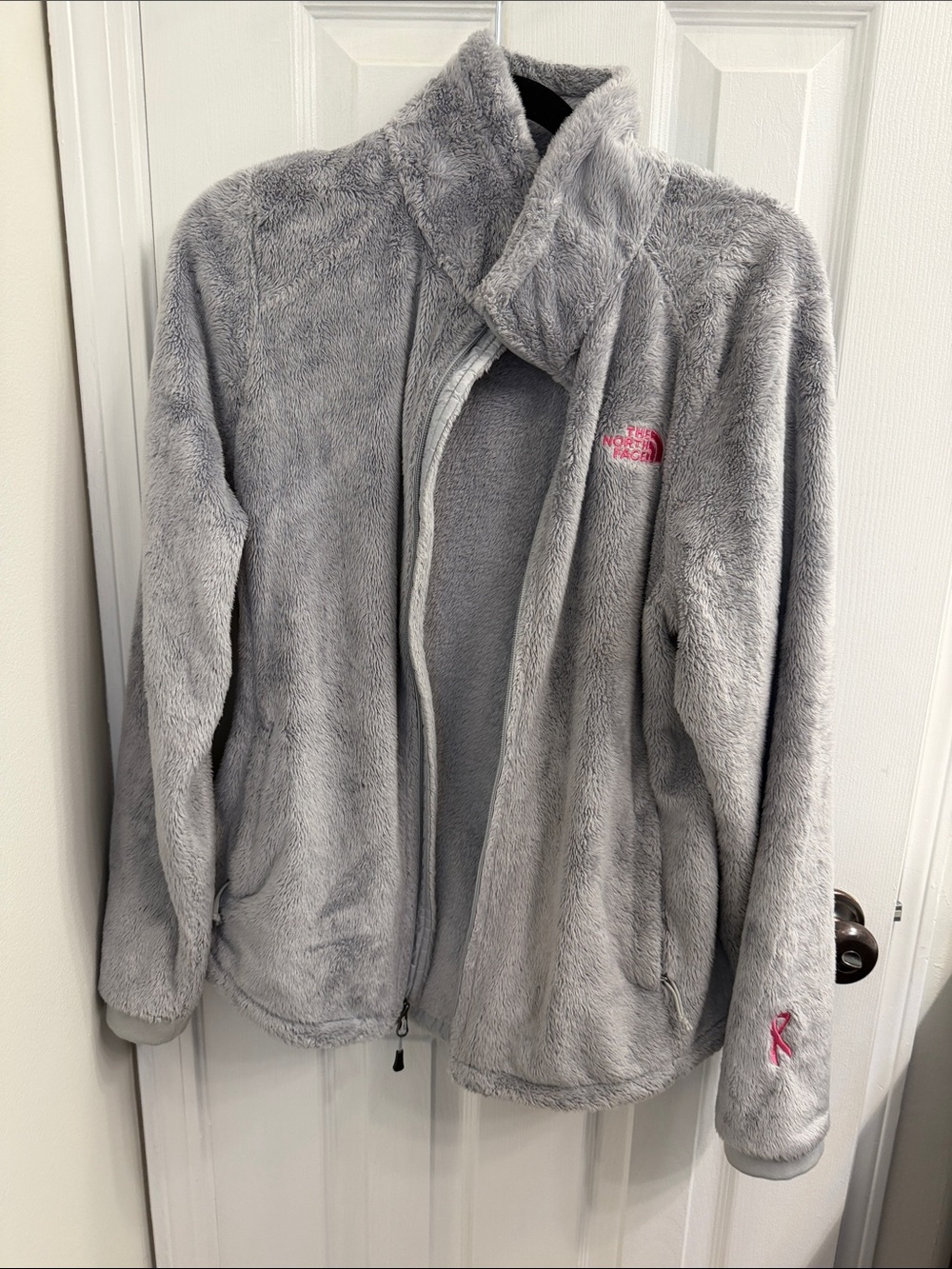The North Face Light Gray Fleece Jacket with Pink Logo